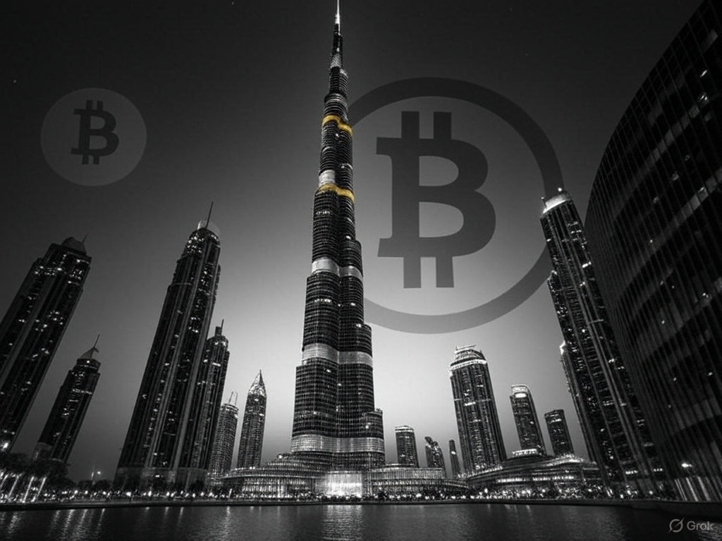 Dubai skyline, bitcoin symbol